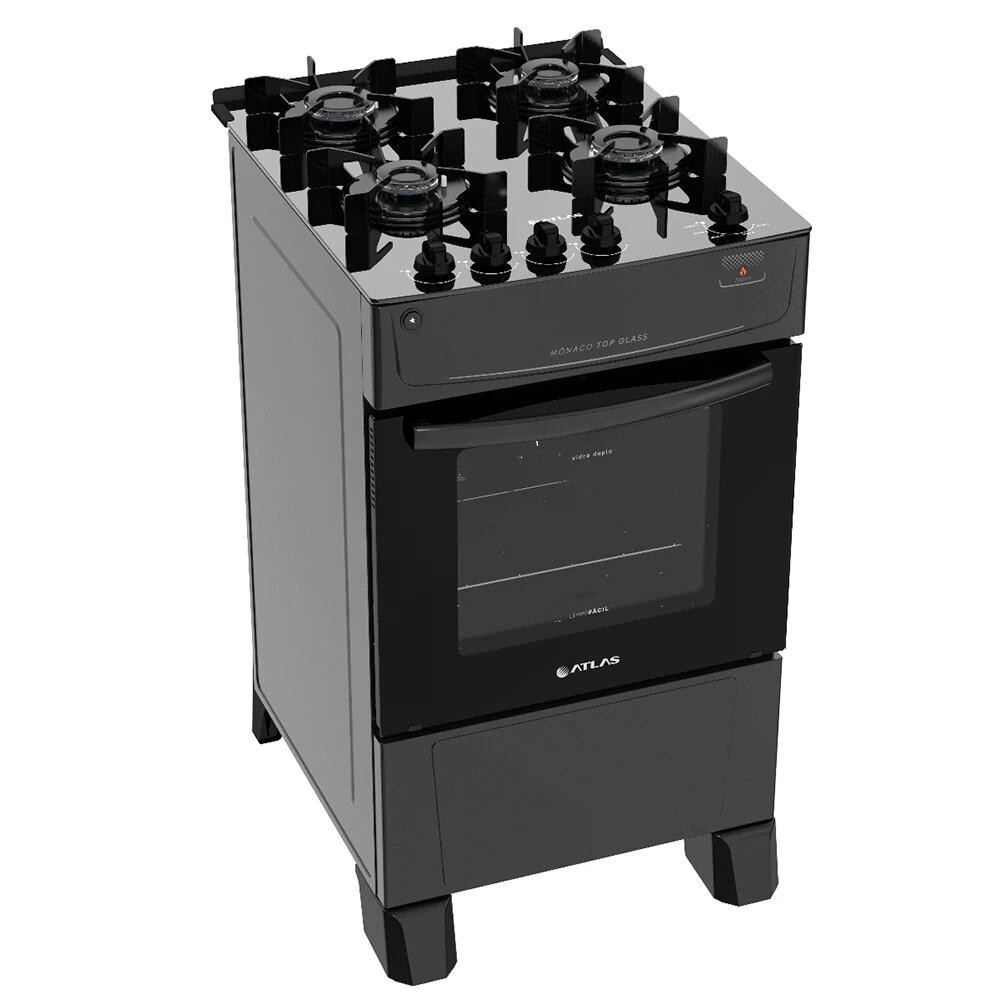 Fogão Atlas Mônaco Top Glass Preto 4 Bocas Mesa Vidro Limpa Fácil Acendimento Automático Design Moderno
