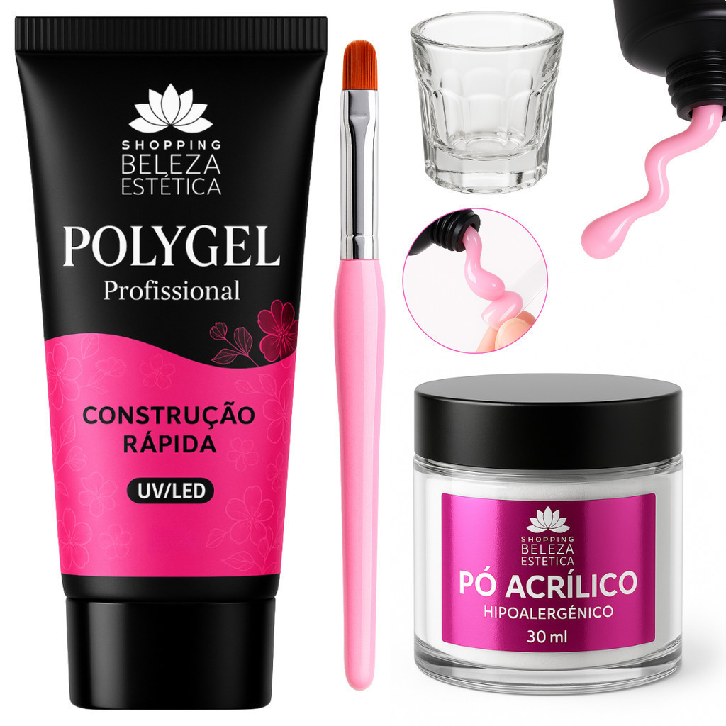 Kit Polygel Pó Acrílico Copo Dappen Pincel Completo Nail Designer Acrigel Fibra Modelagem Unha Gel Profissional