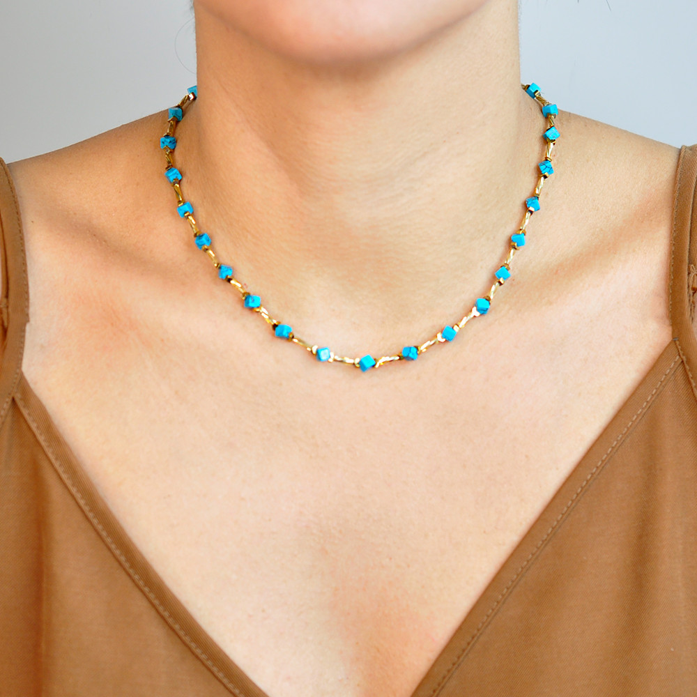 Colar Boho Canutilho Azul Torcido Dourado Feminino