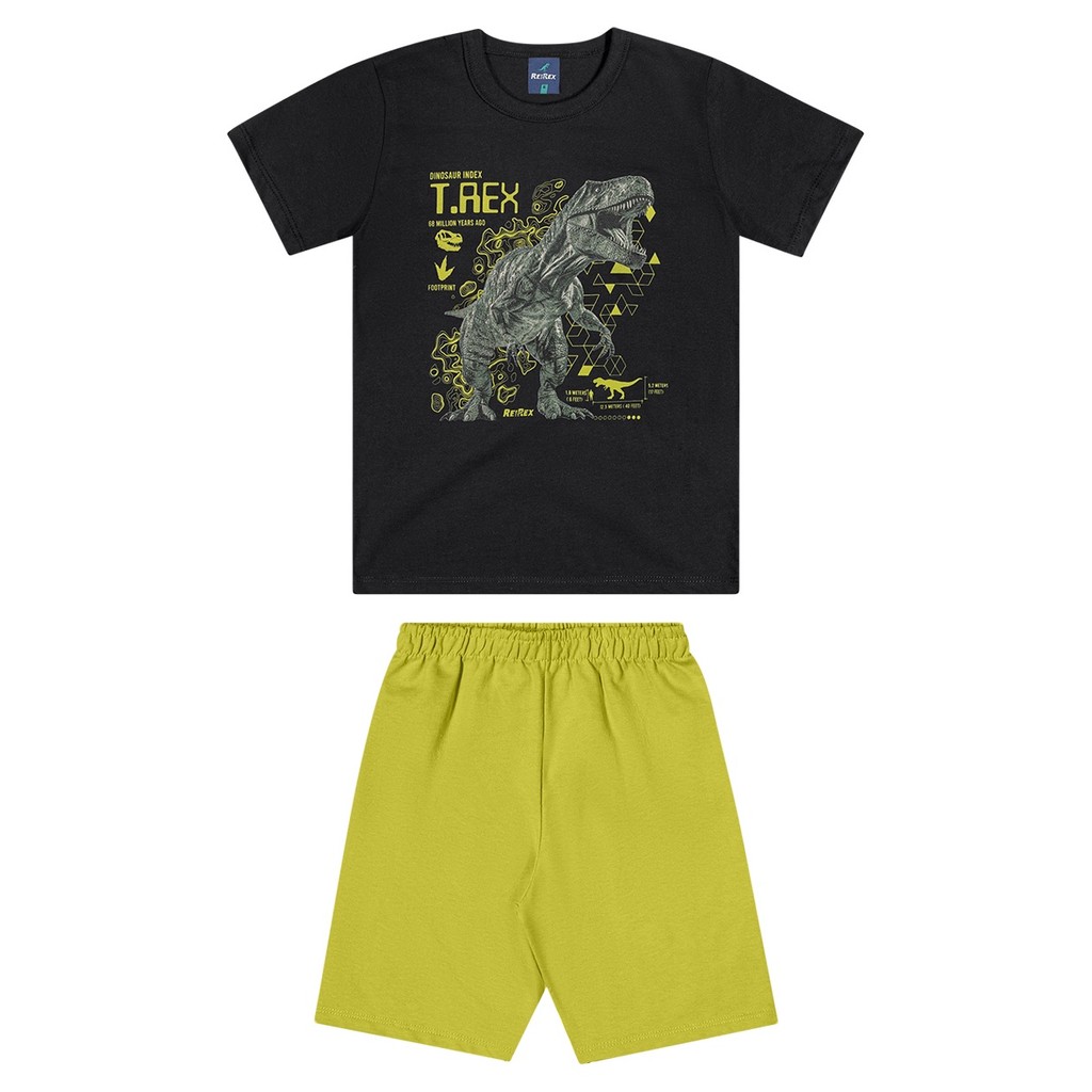 Conjunto Infantil Menino Camiseta Estampa de Dinossauro T-Rex E Bermuda Rei Rex