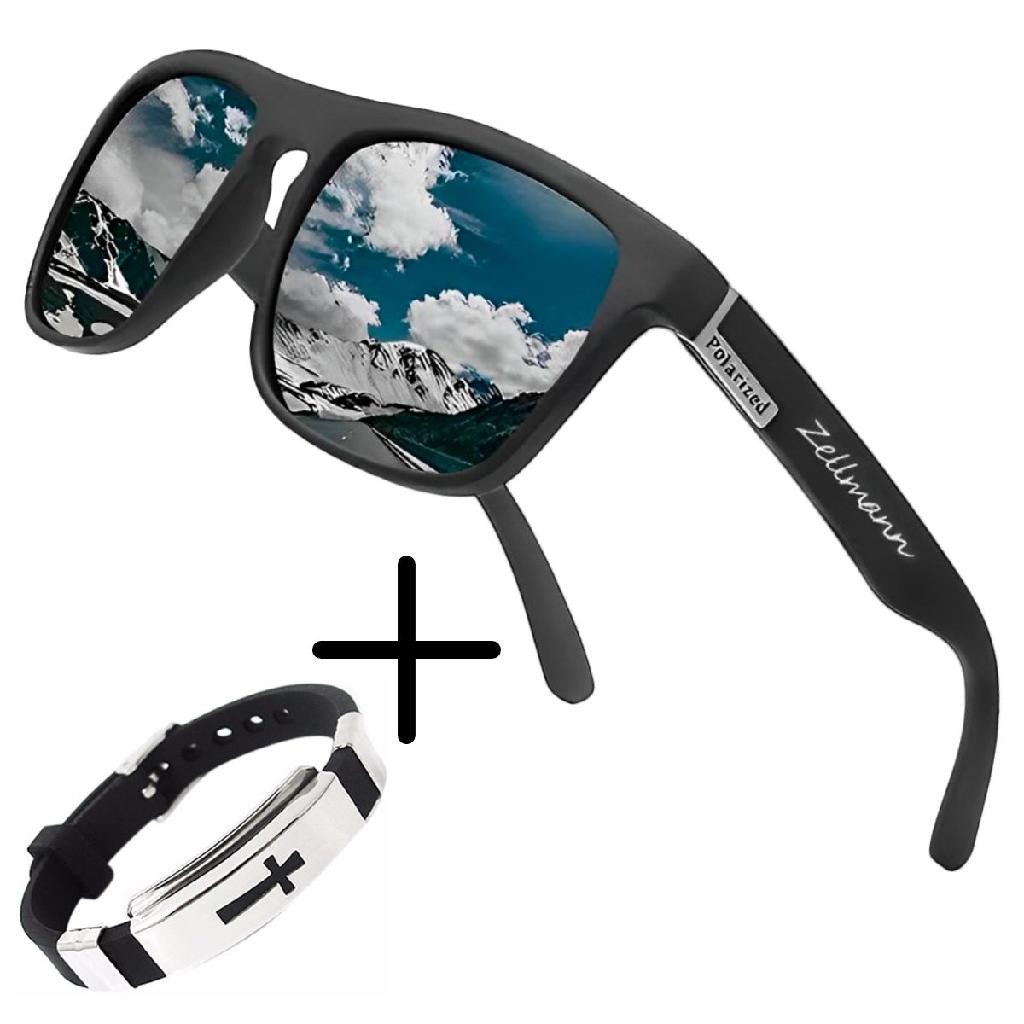 Kit Óculos DE SOL masculino POLARIZADO + Pulseira SILICONE Cruz – Para Esportes, Lazer e presente.