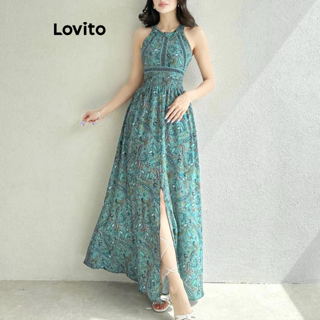 (Trendy) Lovito Vestido Elegante Paisley Geométrico Split Front Vestido De Verão/Primavera Para Mulheres L105MD559 em Oferta na Shopee