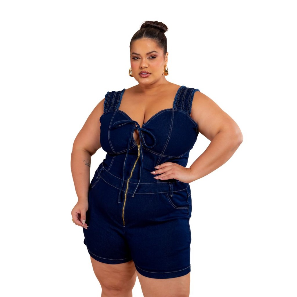 Macaquinho Jeans Plus Size Feminino (46 ao 54) Premium Elastano Alça Larga e Zíper Frontal