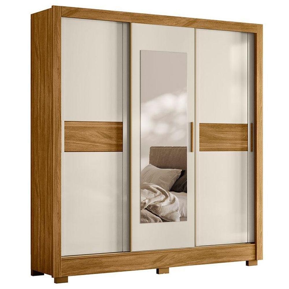 Guarda Roupa Casal Bahamas 3 Portas acabamento feito na cor Freijó Off White Com Espelho - Moval em Oferta na Shopee