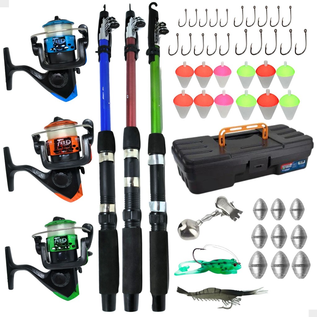 Kit Pesca 3 Vara + 3 Molinete Maleta Acessorios Promo Barato em Oferta na Shopee