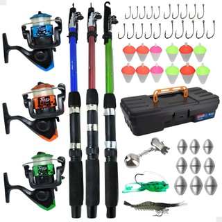 Kit Pesca Completo 3 Varas + 3 Molinetes Maleta Com Acessórios Chumbo Anzol Boia Iscas