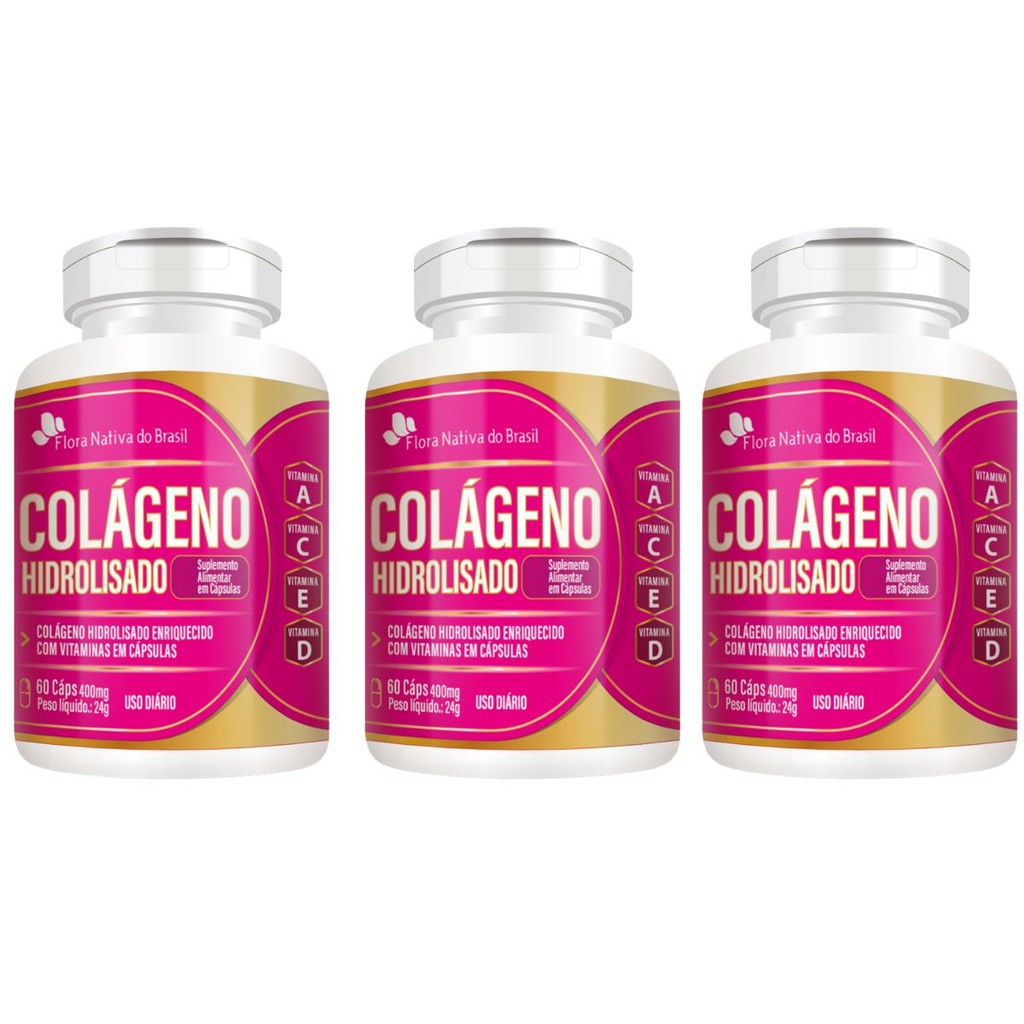 Kit 3x Colágeno Hidrolisado Vitaminas A C E D 60 Capsulas 400mg Flora Nativa