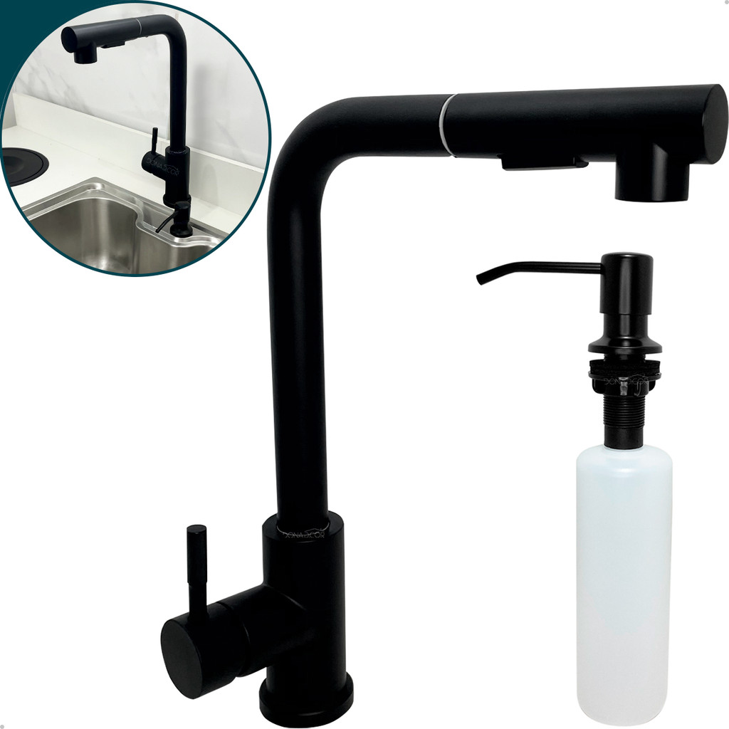 Torneira Gourmet Preta E Dispenser De Detergente 350ml De Embutir Kit Cozinha Inox Lavanderia Ilha