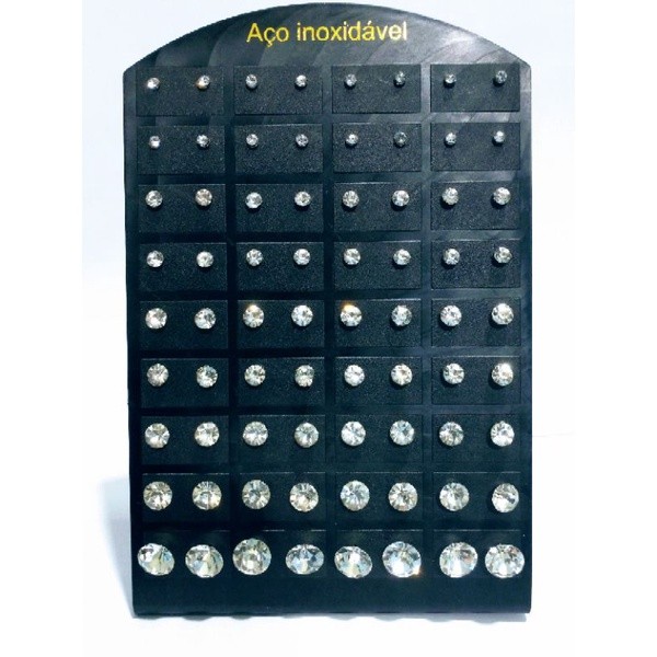 brinco aço inox com strass 36 pares carteira com tamanhos variados pedra brilhante moda unissex