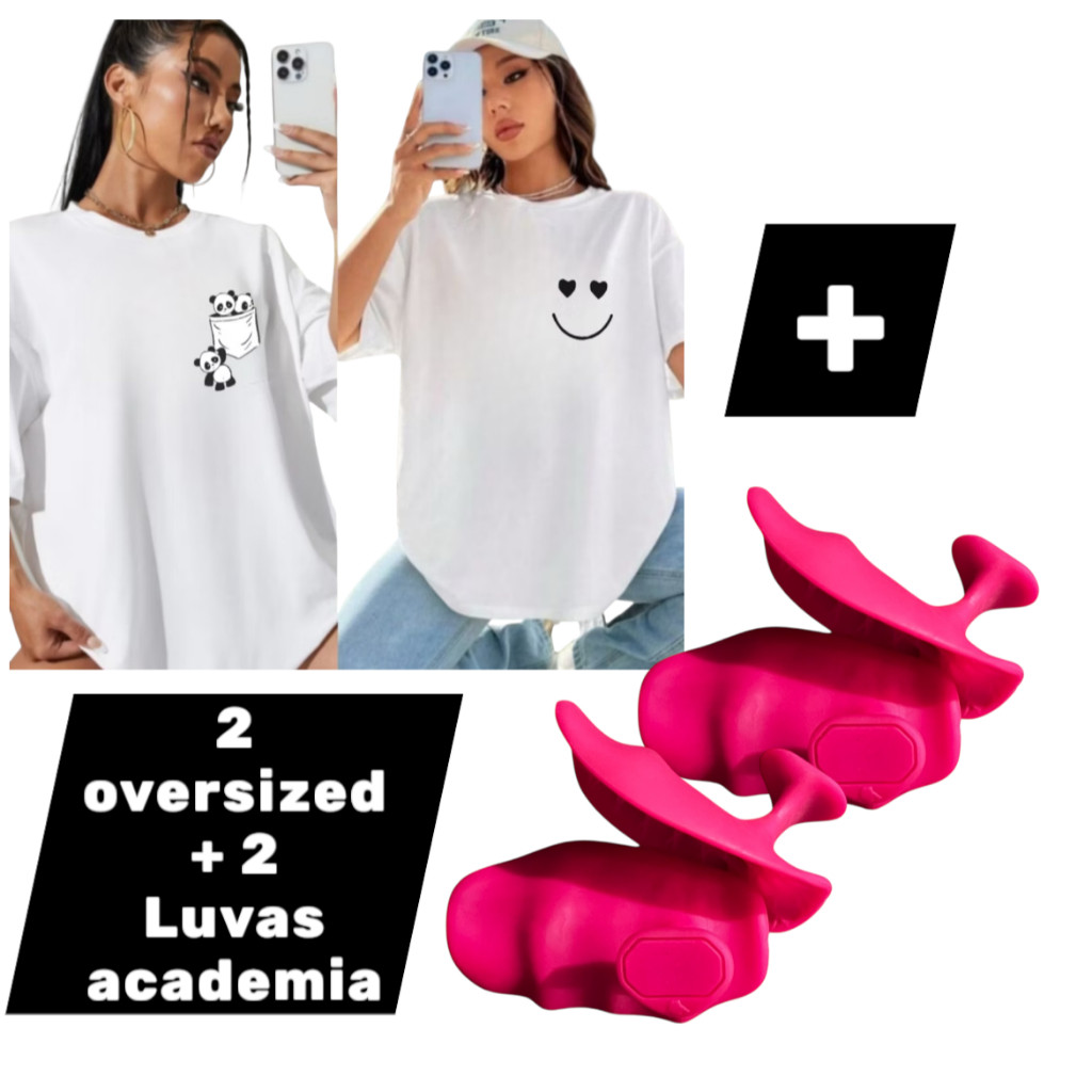 Kit Com 2 Camisetas Oversized Feminina Blusa Estilosa Academia Treino Crossfit + 2 Pares de Luvas de academia