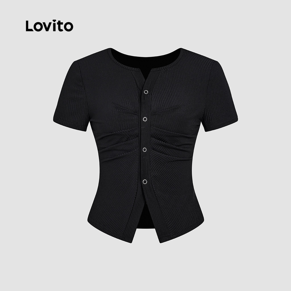 Detalhes do Lovito Camisa Feminina Preta Casual Manga Curta com Pregas para Primavera Verão L143ED206