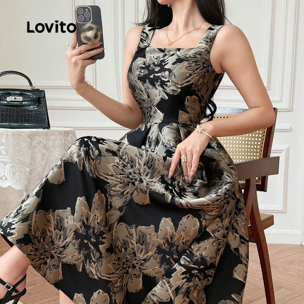 Detalhes do Lovito Vestido Elegante com Zíper em Flores, Toque Suave, para Primavera/Verão, Cor Preto, Modelo LBL26201