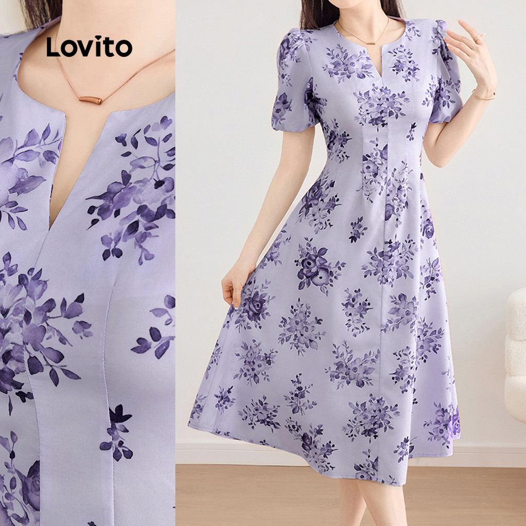 Lovito Vestido Romântico Estruturado de Linha para Primavera/verão  Vestido Roxo para mulheres L143ED654 em Oferta na Shopee