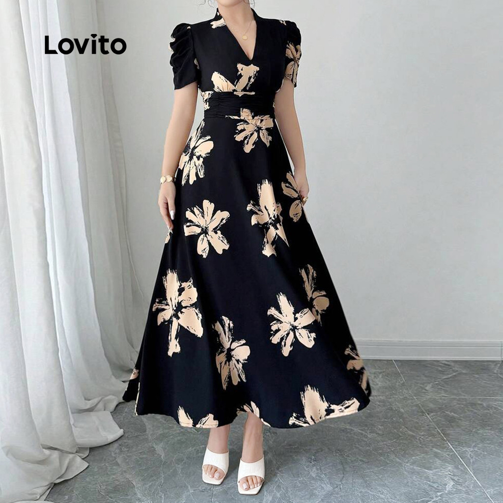 Detalhes do (New) Lovito Vestido Elegante com Pregas para Primavera/verão  Vestido Preto para mulheres L142LD338