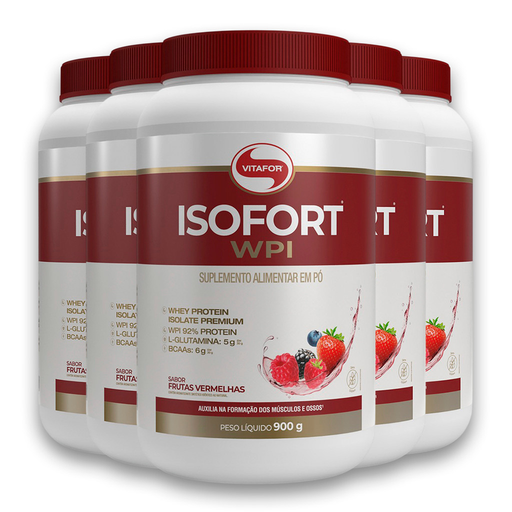 Kit 5 Isofort Vitafor Whey Protein 900g Frutas Vermelhas
