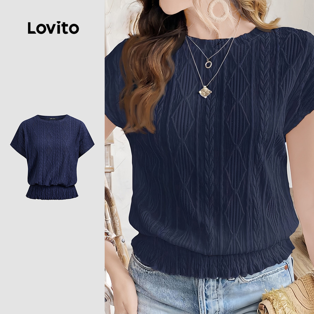 (Casual) Lovito Camisa de Alfaiataria para Primavera/verão Camiseta Azul Escura para Mulheres L150AD703
