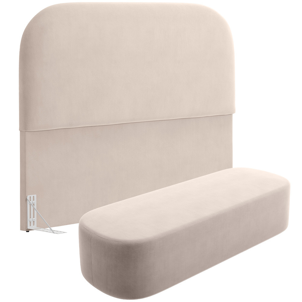 Cabeceira Cama Box Casal 140cm Lanna com Puff Recamier Doha W01 Suede Bege - Lyam Decor - Home & Living