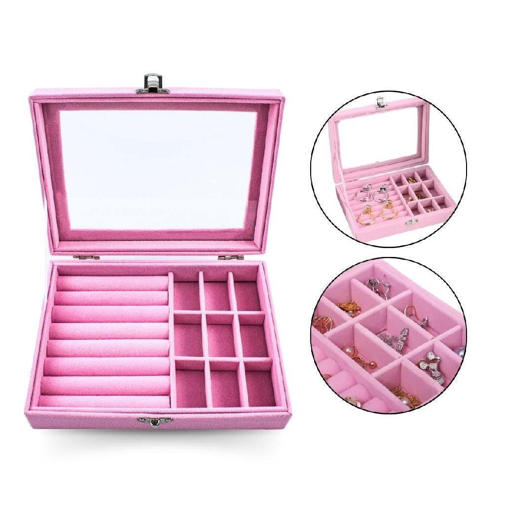 Kit 2 Porta Joia Maleta Luxo Camurça Tampa Acrílica Rosa Expositor Caixa Maleta Divisórias