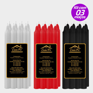 KIT 3 MAÇOS VELAS PALITO N5 BRANCA VERMELHA E PRETA 152G - CASA FÉ em Oferta na Shopee