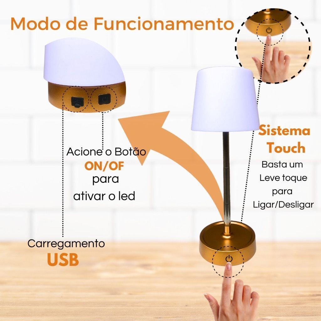 Abajur Recarregável Telescópico Touch Luminária Retrátil Em Aço Luz Led Branco Quente Ajustável USB