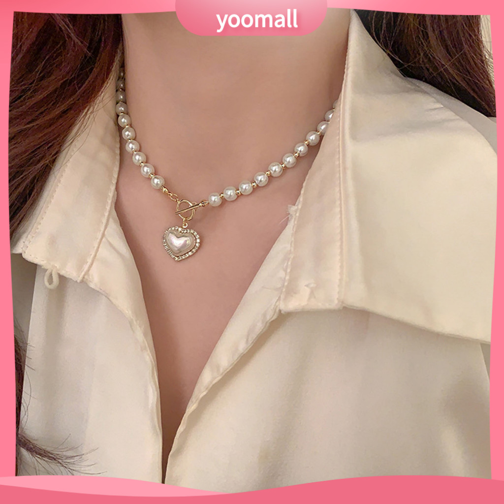 Neck Decoration Tool Alloy Bead Necklace Sparkling Heart Pendant for Women Elegant Faux Pearl Rhinestone Jewelry for Bride Wedding Party Lady's