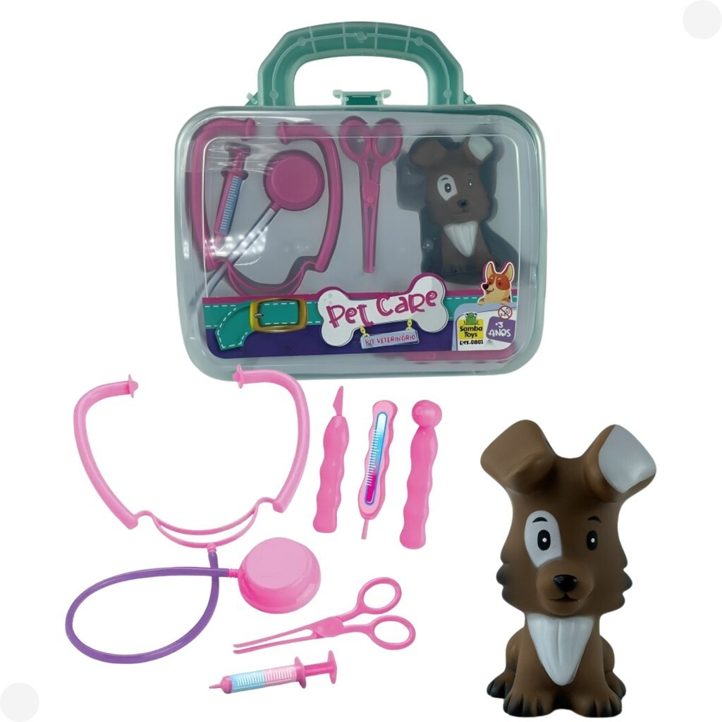 Maletinha Veterinaria com Cachorrinho Marrom e 6 Acessórios 0801 - Samba Toys em Oferta na Shopee