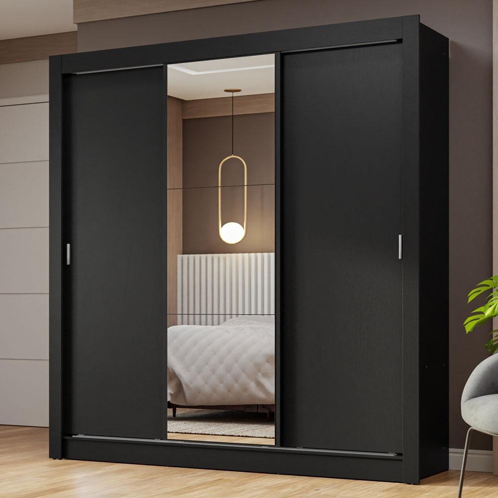 Guarda-Roupa Casal 3 Portas de Correr com Espelho Preto Nobre Madesa - Home & Living