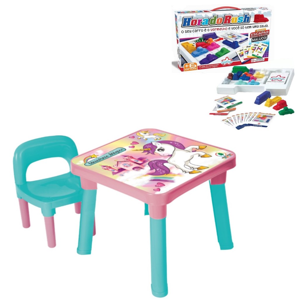 Mesinha Infantil Com Cadeira Unicórnio Mesa + Hora Do Rush