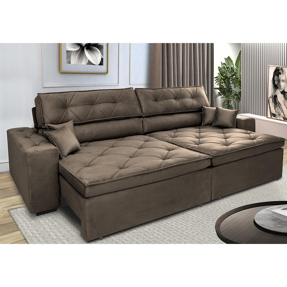 Sofá Retrátil e Reclinável 3,12m com Molas Cama inBox Estilo Suede Velusoft Café em Oferta na Shopee