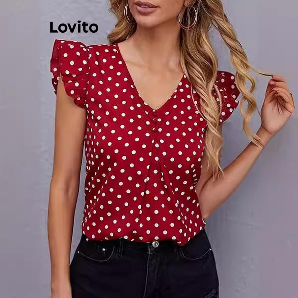 Lovito Blusa elegante com babados e padrão de bolinhas para mulheres LNL79206