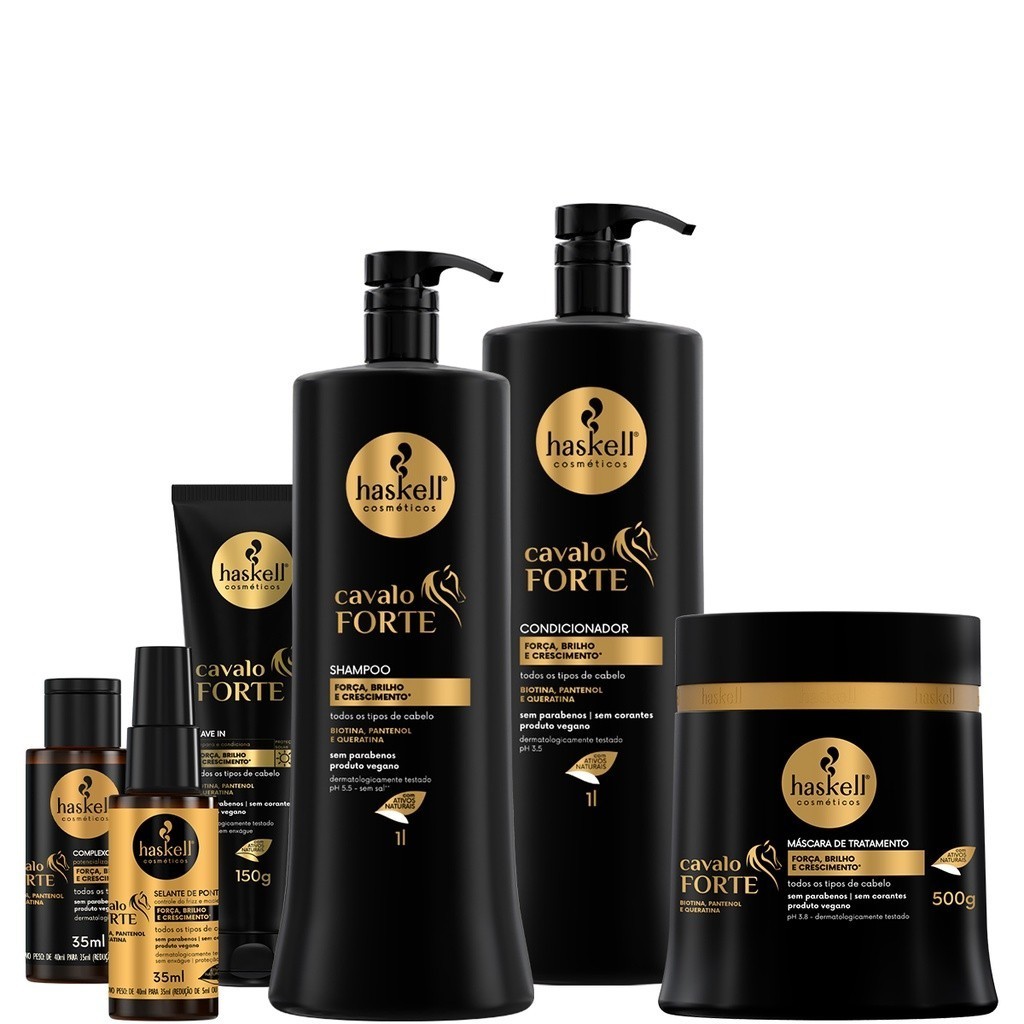 Kit Haskell Cavalo Forte Shampoo Condiconador 1L Mascara 500G Leavin Selante Complexo Completo 6 itens Profissional