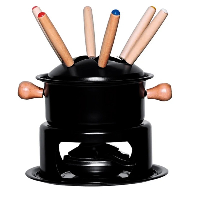 Conjunto Fondue Preto Inox para Fondue Queijo Chocolate Em Casa Festas Românticas