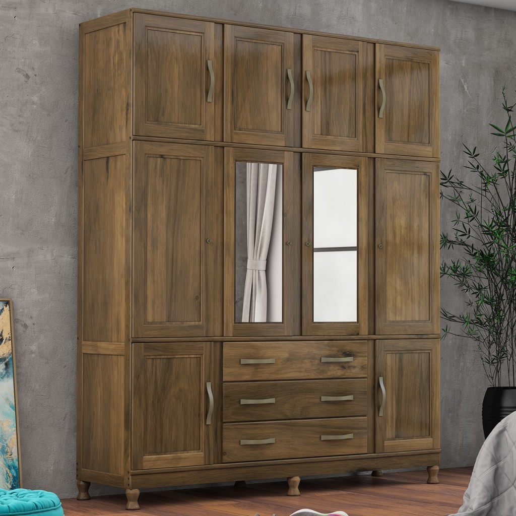 Guarda-Roupa Casal Paris 10 Portas 3 Gavetas com Espelho Madeira Maciça Castanho 369 - Lanes - Home & Living