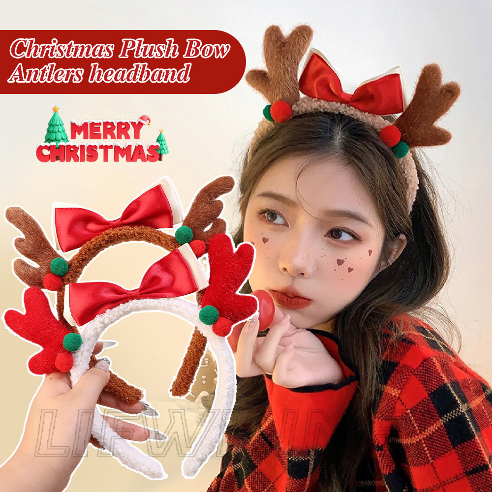 Argola De Cabelo De Chifre De Pelúcia De Natal-Acessórios Para Meninas-Faixa Com Laço Vermelho Moda , Desenho Animado ,