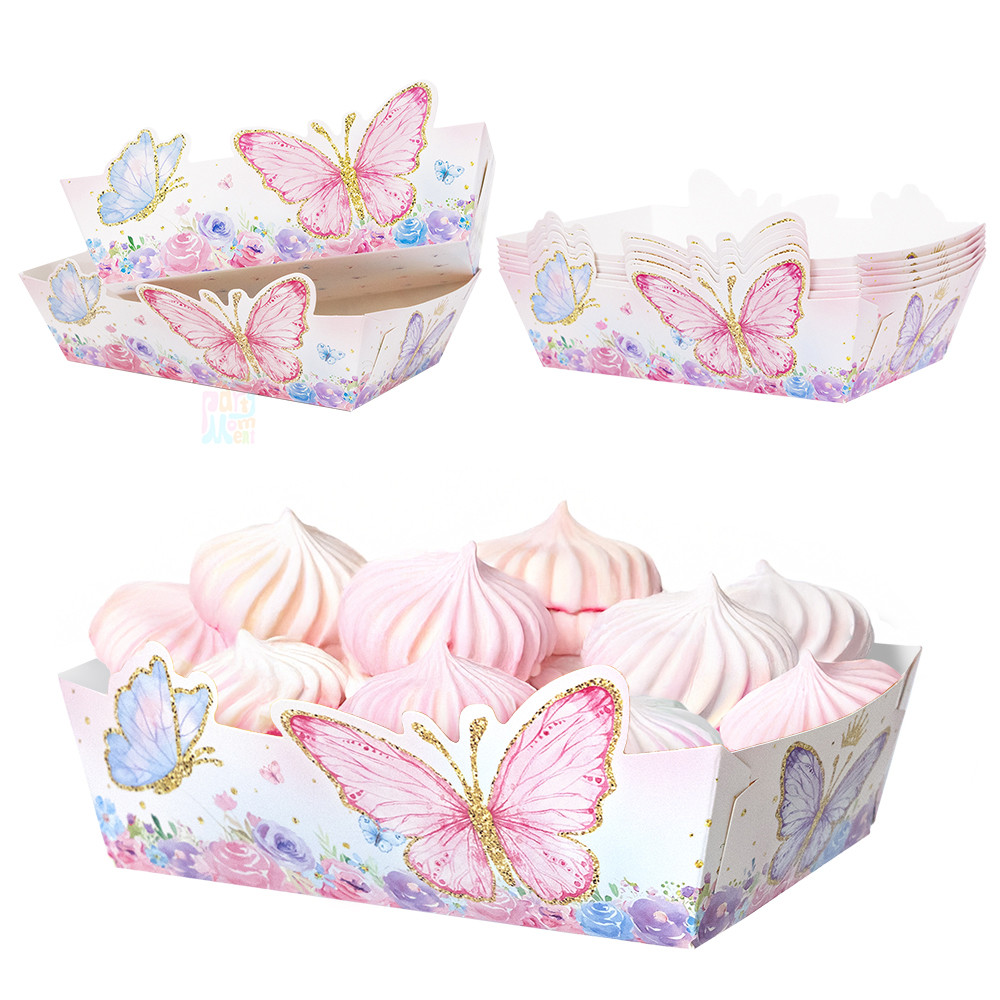 6 Pçs Rosa Roxo Borboleta Bandejas De Comida Flores Batatas Fritas Bandeja De Papel Para Festa De Aniversário Casamento Suprimentos Lanche Caixa em Oferta na Shopee