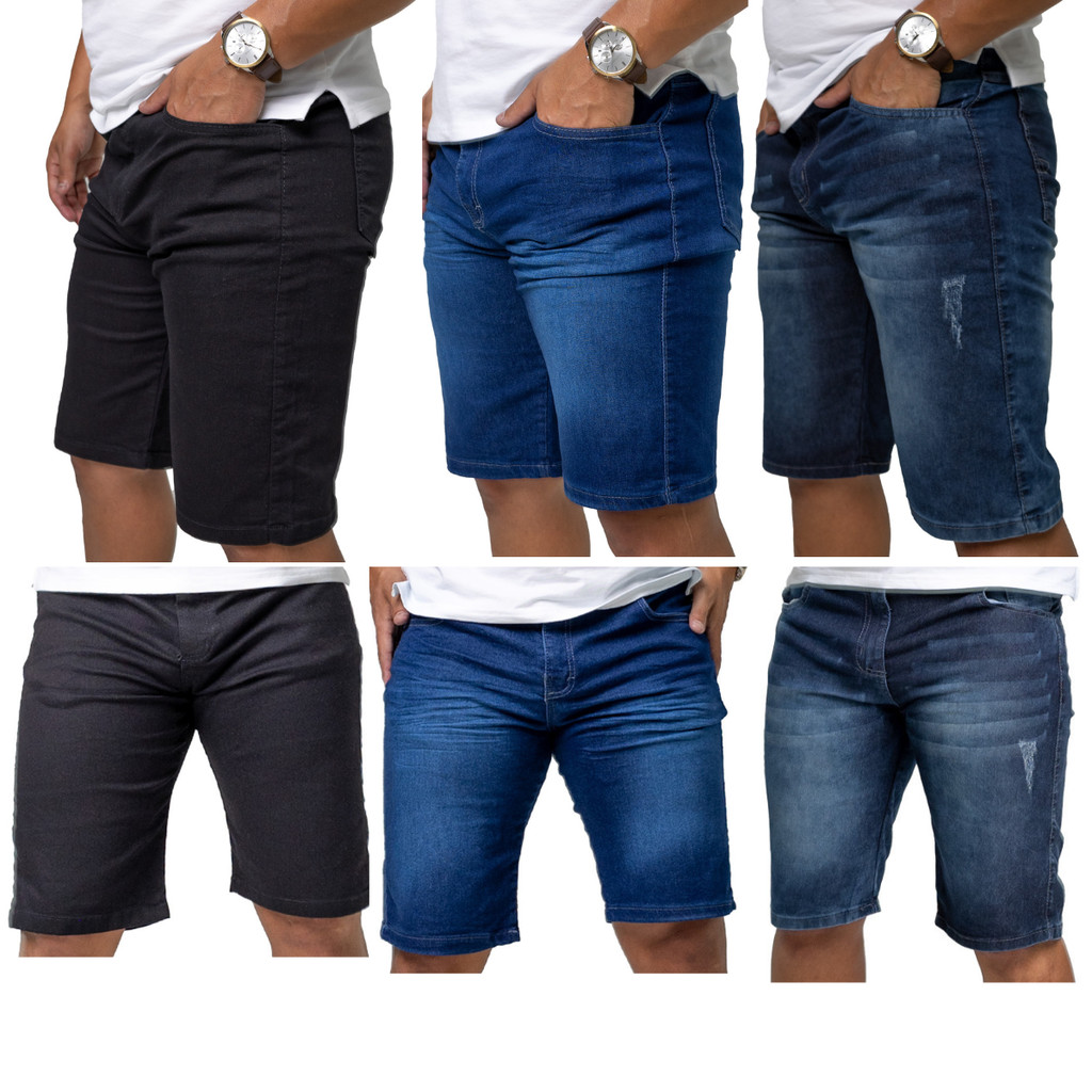 Kit 3 Bermuda Masculina Jeans Estilosa c/ Lycra Elastano - Alta Elasticidade - Short Jeans Masculino
