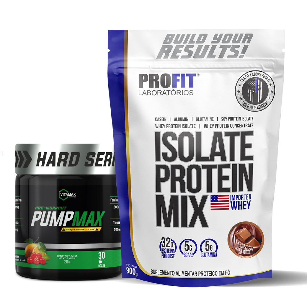 Kit Pré Treino Pump Max 210g Laranja e Acerola + Whey Protein Mix 900g Chocolate Profit