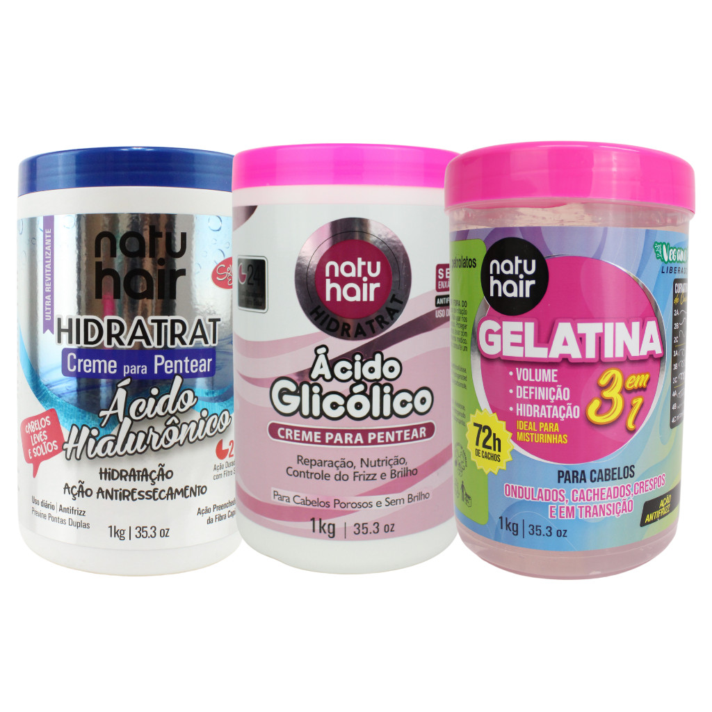 Kit Creme Para Pentear Ácido Hialurônico + Ácido Glicólico NatuHair 1kg + Gelatina 3 em 1 1kg