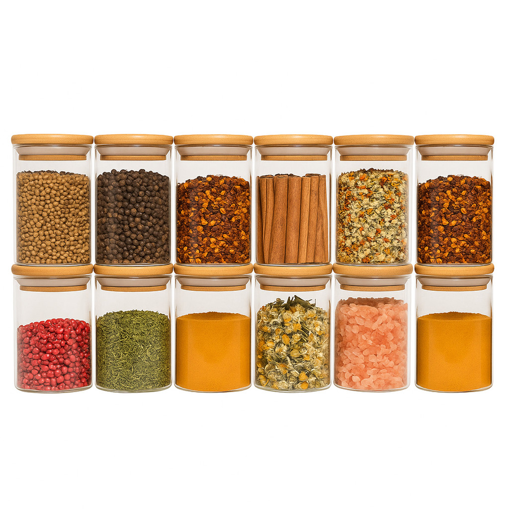 Jogo 12 potes de vidro 250ml com tampa de bambu herméticos para tempero - Oikos em Oferta na Shopee