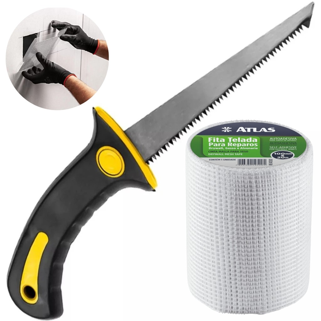 Kit Serrote para Gesso Drywall Cabo Plástico 6" Polegadas com Fita Telada Auto Adesiva 100mm x 20m Ferramentas Gesso