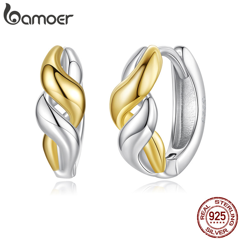 Brincos De Argola De Prata Esterlina 925 Com Design Original BAMOER , Dois Tons , Metálico , Joias , Presentes Para Mulh