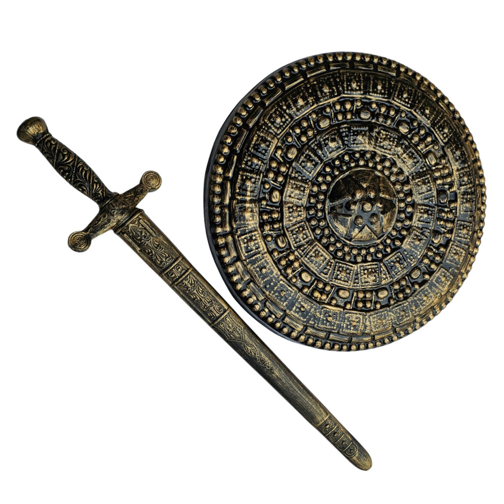 KIT C/2 MEDIEVAL ESCUDO E ESPADA DOURADO BRINQUEDO COSPLAY