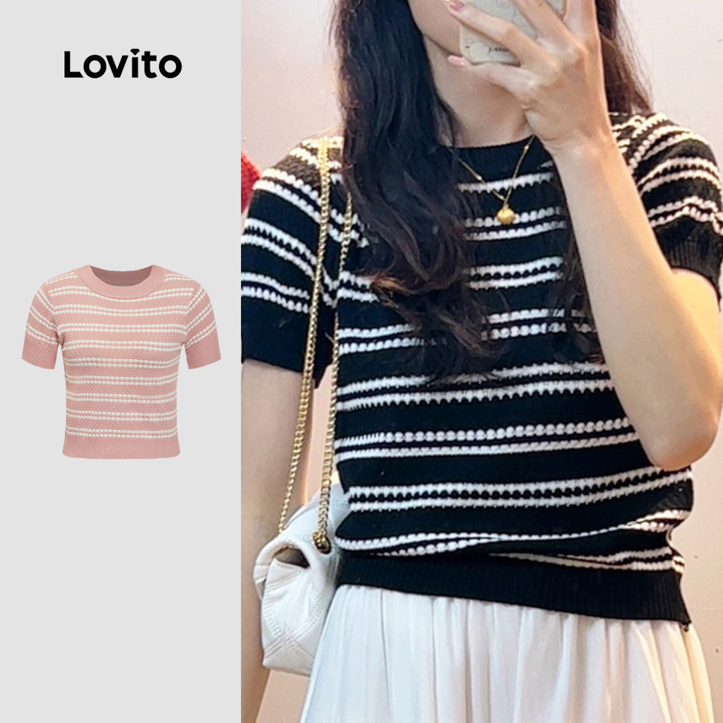 (Hot) Lovito Top Casual Primavera/Verão Listrado Em Malha Com Gola Redonda Para Mulheres LNE13021 em Oferta na Shopee