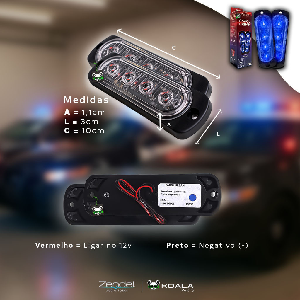 Par Farol Strobo Led Azul Policia Ambulância Viatura Emergência 12/24V Urban Zendel — imagem 2 de 2