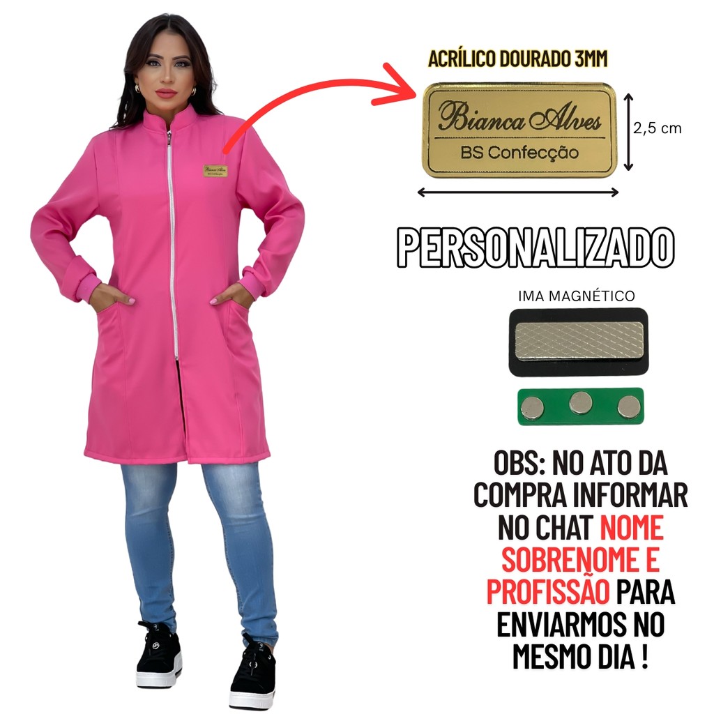 Jaleco Zíper Feminino Com CRACHÁ Personalizado  Manga Longa Bolso Lateral Gola Padre Caimento Acinturado Tecido Premium
