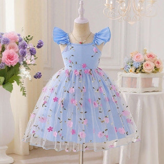WFRV Linda Menina Verão Flor Lazer Tutu Vestido Bordado Malha Renda Doce De Princesa Com Mangas Babados De 3-8 Aniversár em Oferta na Shopee