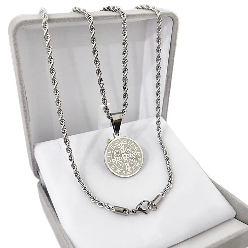 Presente Medalha São Bento Duplaface + Cordão Baiano Aço Inoxidavel Prateado 45/60/70cm Barato