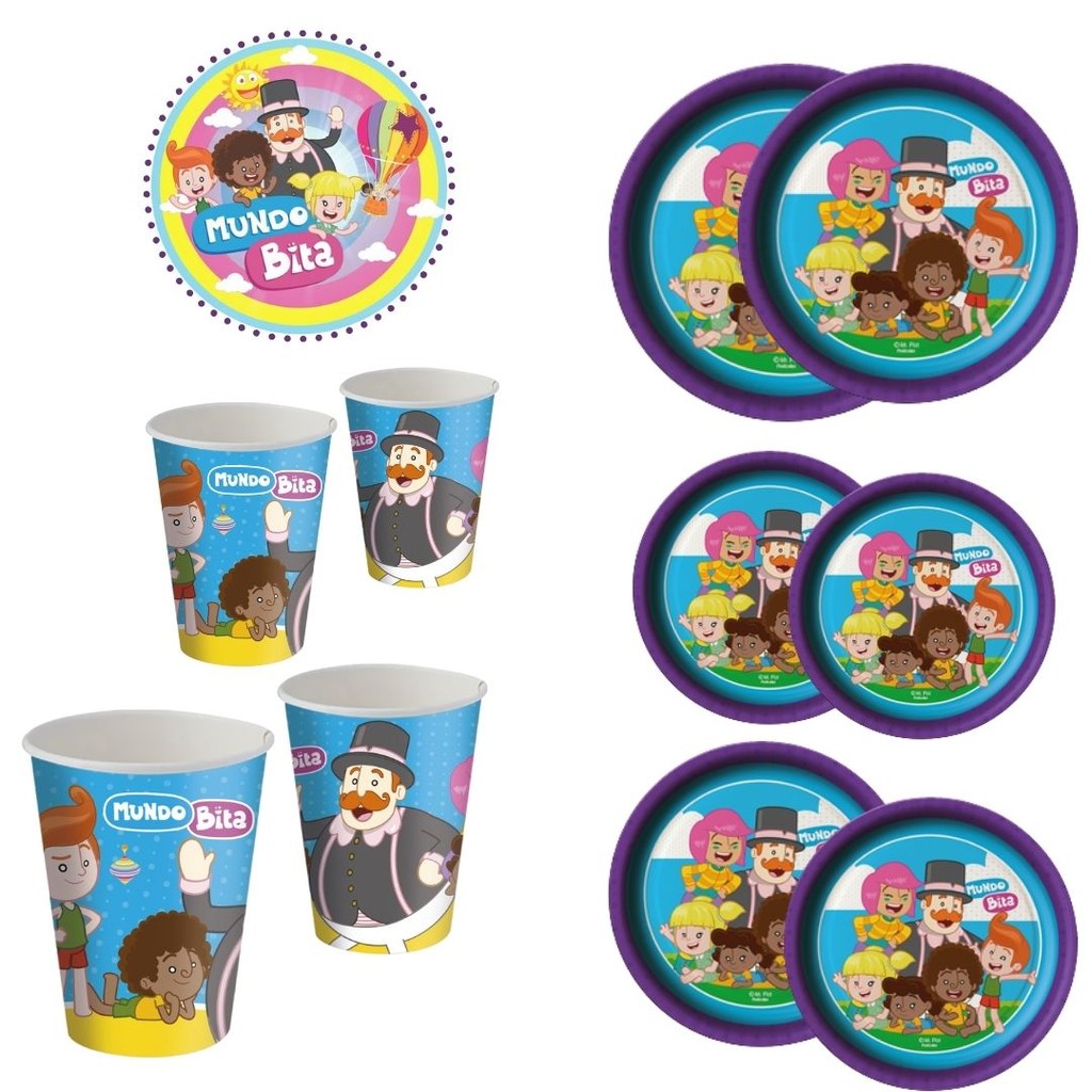 KIT FESTA MUNDO BITA 8 PRATOS + 8 COPOS DESCARTÁVEL 200 ML PAPEL - FESTCOLOR em Oferta na Shopee