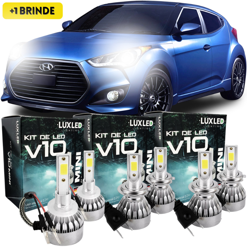 Kit Ultra Led Hyundai Veloster 2012 à 2013 Farol Baixo Alto Milha 6500k 20000 Lumens V10