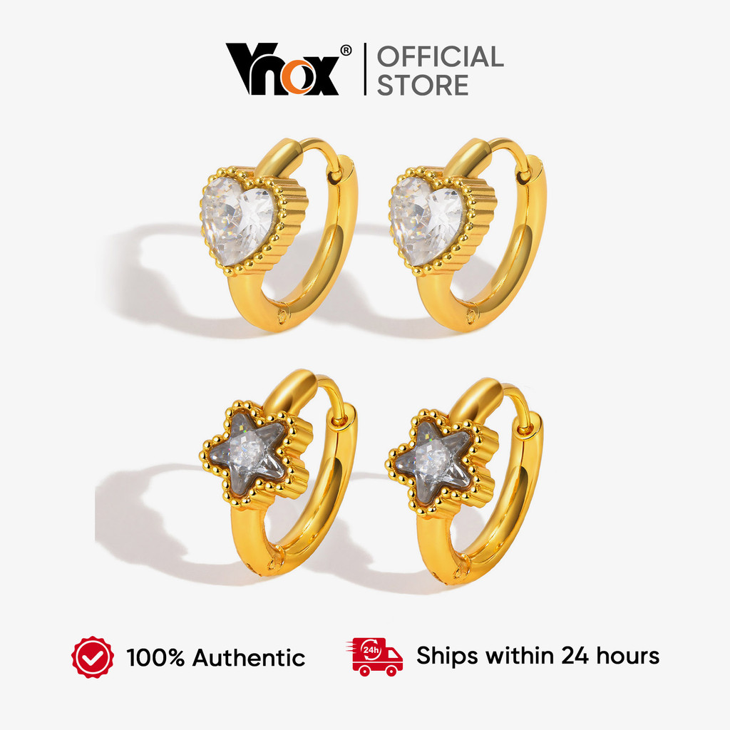Vnox Feminino Meninas De Aço Inoxidável Simples Branco Zircão Pentagrama Coração Brincos De Argola Brilhante Hipoalergên em Oferta na Shopee